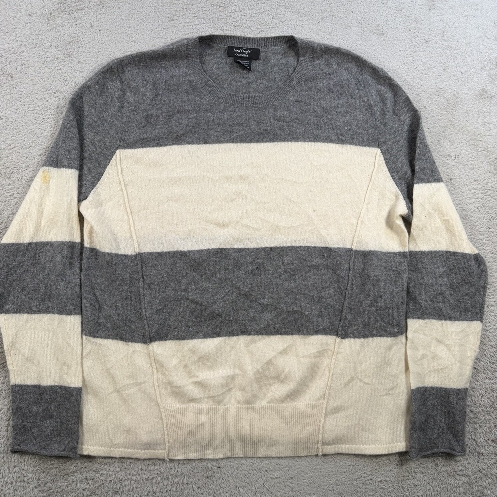 Lord & Taylor Sweater Womens Large Grey Striped 100% Cashmere Crewneck Pullover